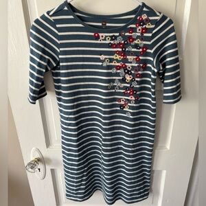 Tea Collection Striped Dress with Floral Embroidery - Blue and Red